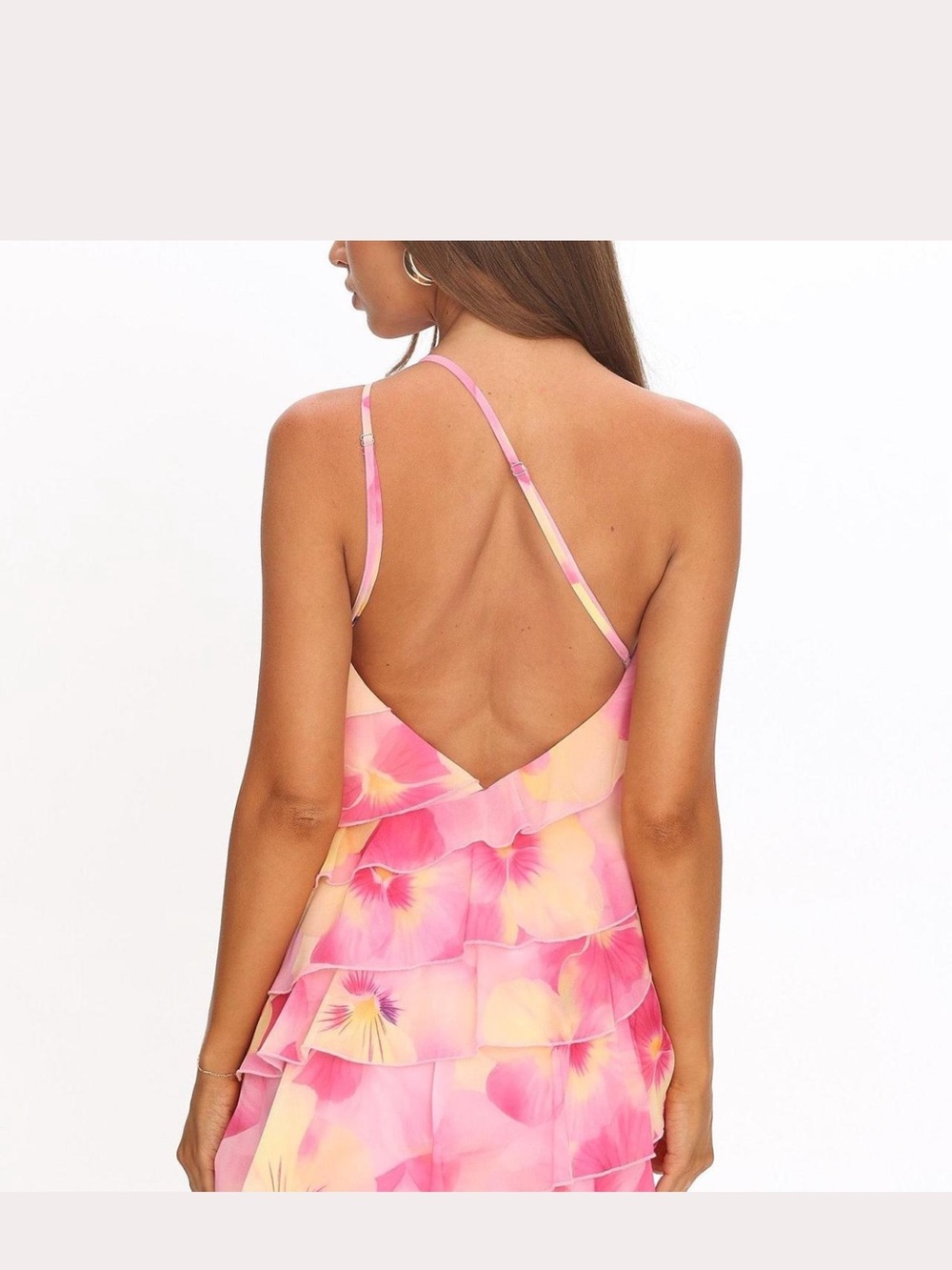 Selfie leslie Arrabel Ruffle Trim One-Shoulder Mini Dress Floral Pink - Picture 5 of 5